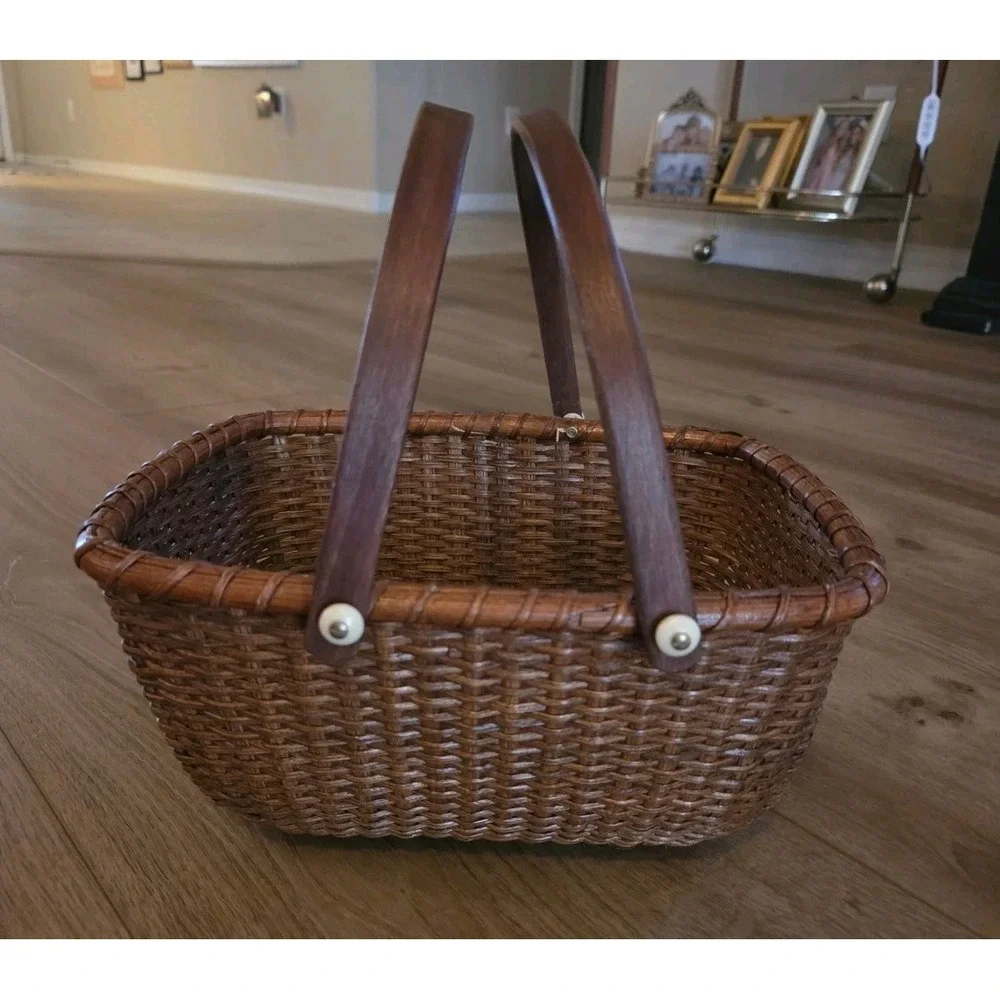 Vintage Nantucket Lightship Basket Oval ‎ Double Handle Dark Brown Woven